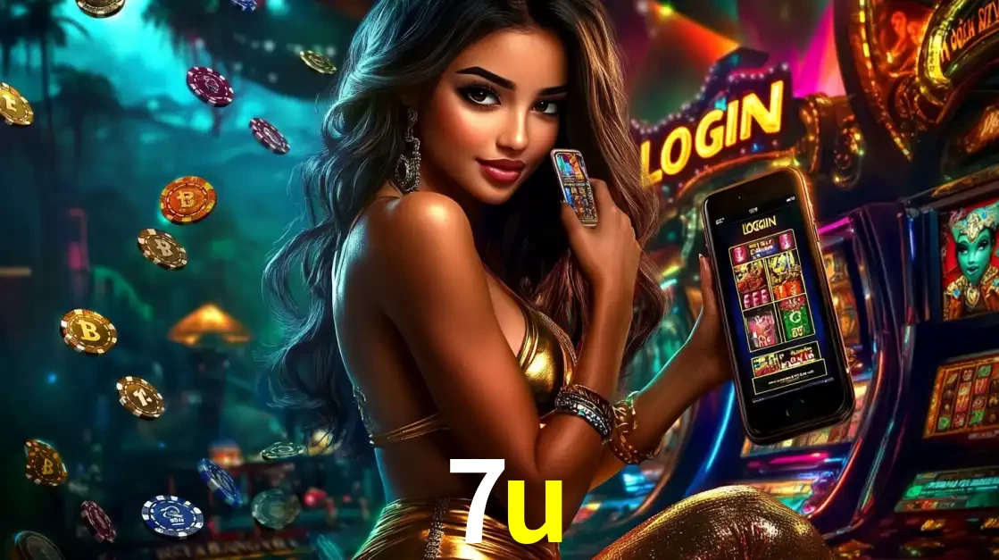 Mulher em um cenário de cassino temático de aventura, mostrando o app de caça-níqueis da 7u no celular. Fichas de apostas flutuam ao redor.
